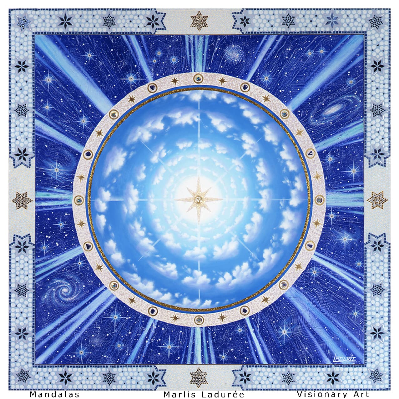 Passage — mandala cosmique de Marlis Ladurée, huile sur toile, lapis-lazuli et cristaux, 180×180 cm